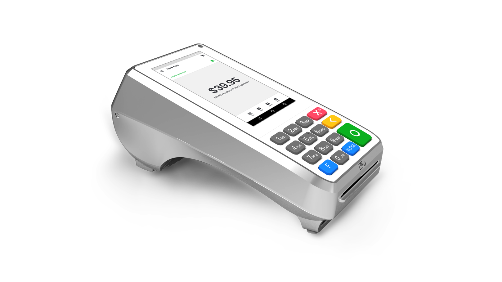 A silver credit card machine with a black background