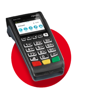 A credit card machine is shown on top of a red circle.